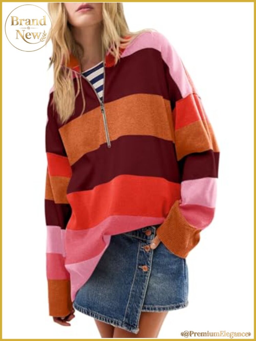 Women's Oversized Half Zip Pullover Sweater - Striped Long Sleeve V-Neck